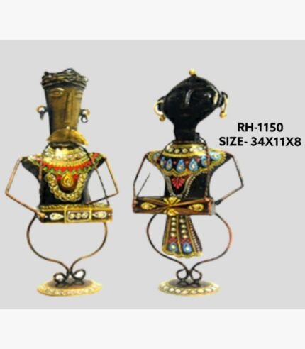 Handcrafted two-piece Rajasthani tribal couple iron sculpture set featuring hand-painted traditional musician figurines with looped wire legs on round base plinths.