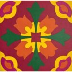 Handcrafted square 3D layered wooden wall tile titled Royal Tulip Mandala featuring a symmetrical floral design with orange tulips, a green cross emblem, and a rich magenta backdrop.