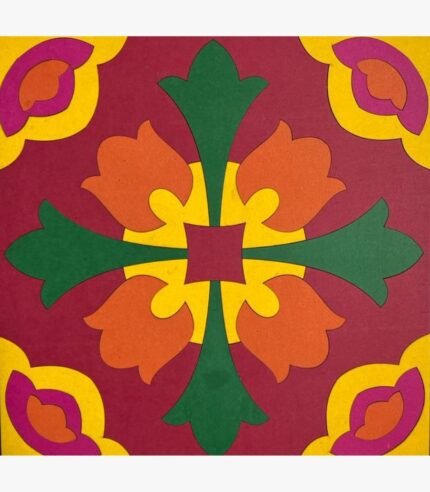 Handcrafted square 3D layered wooden wall tile titled Royal Tulip Mandala featuring a symmetrical floral design with orange tulips, a green cross emblem, and a rich magenta backdrop.
