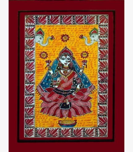 A traditional Madhubani style acrylic painting on canvas of Goddess Lakshmi seated on a lotus with twin elephants pouring water against a yellow background with Devanagari script mantras by Vidhi Joshi.