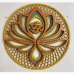 Handcrafted circular 3D layered wooden lotus panel titled Om Lotus Resonance featuring an intricate laser-cut Om symbol nestled within colorful blooming petals over a geometric lattice background.