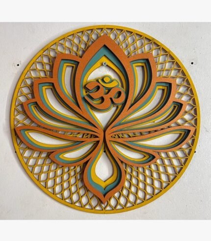 Handcrafted circular 3D layered wooden lotus panel titled Om Lotus Resonance featuring an intricate laser-cut Om symbol nestled within colorful blooming petals over a geometric lattice background.