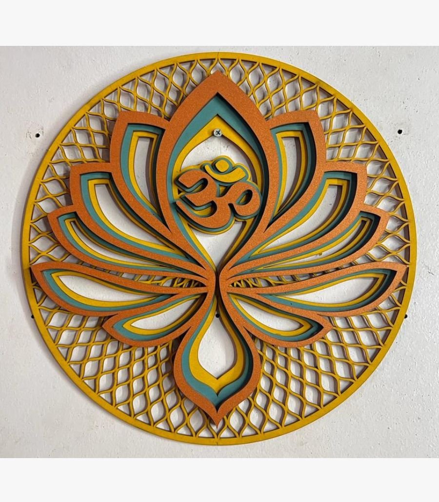 11 Handcrafted circular 3D layered wooden lotus panel titled Om Lotus Resonance featuring an intricate laser-cut Om symbol nestled within colorful blooming petals over a geometric lattice background.