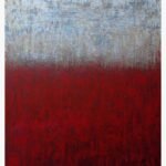 Original abstract red painting Scarlet Horizon by Virendra Kumar, featuring a distressed scratch-textured cream top half colliding with a vivid, layered scarlet red base on canvas.