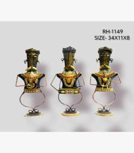 Handcrafted three-piece Rajasthani tribal musicians iron sculpture set featuring hand-painted traditional male folk figures with looped wire legs on round base plinths.