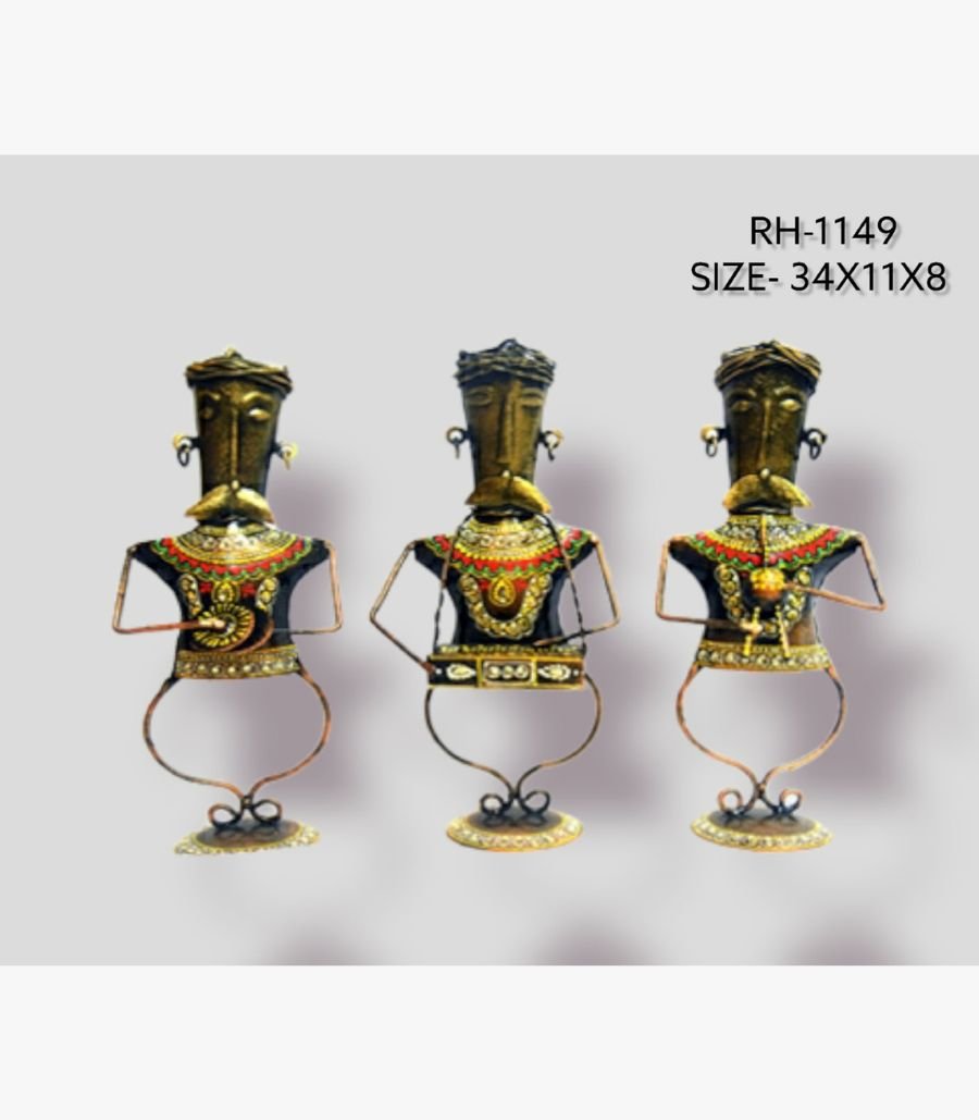 12 Handcrafted three-piece Rajasthani tribal musicians iron sculpture set featuring hand-painted traditional male folk figures with looped wire legs on round base plinths.