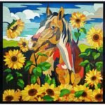 Handcrafted 3D layered wooden wall art titled Sunflower Serenade featuring a majestic horse portrait nestled within a vibrant field of blooming yellow sunflowers against a cloudy blue sky.