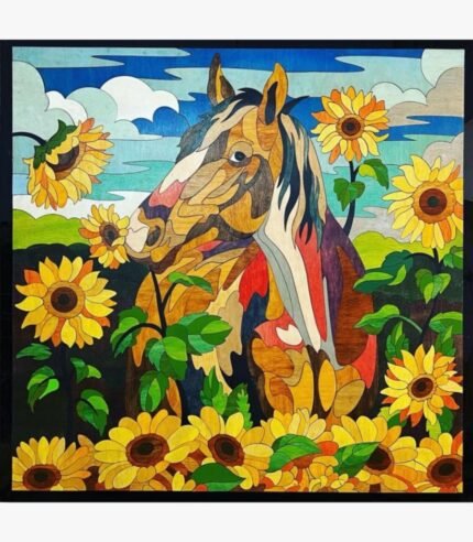 Handcrafted 3D layered wooden wall art titled Sunflower Serenade featuring a majestic horse portrait nestled within a vibrant field of blooming yellow sunflowers against a cloudy blue sky.