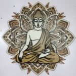 Handcrafted 3D layered wooden Buddha wall art titled Transcendent Buddha featuring an intricate multi-tiered laser-cut mandala background and a serene meditating Gautama Buddha silhouette in natural timber tones.