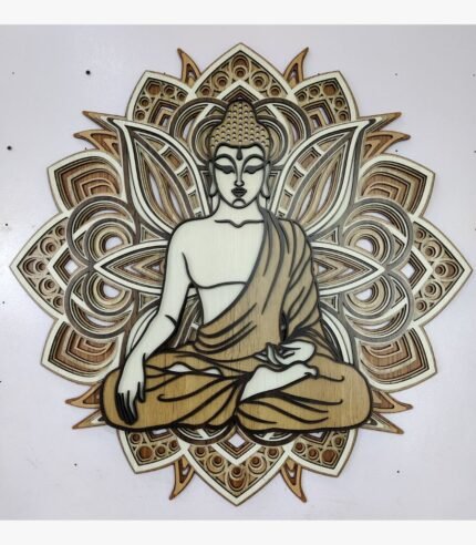 Handcrafted 3D layered wooden Buddha wall art titled Transcendent Buddha featuring an intricate multi-tiered laser-cut mandala background and a serene meditating Gautama Buddha silhouette in natural timber tones.