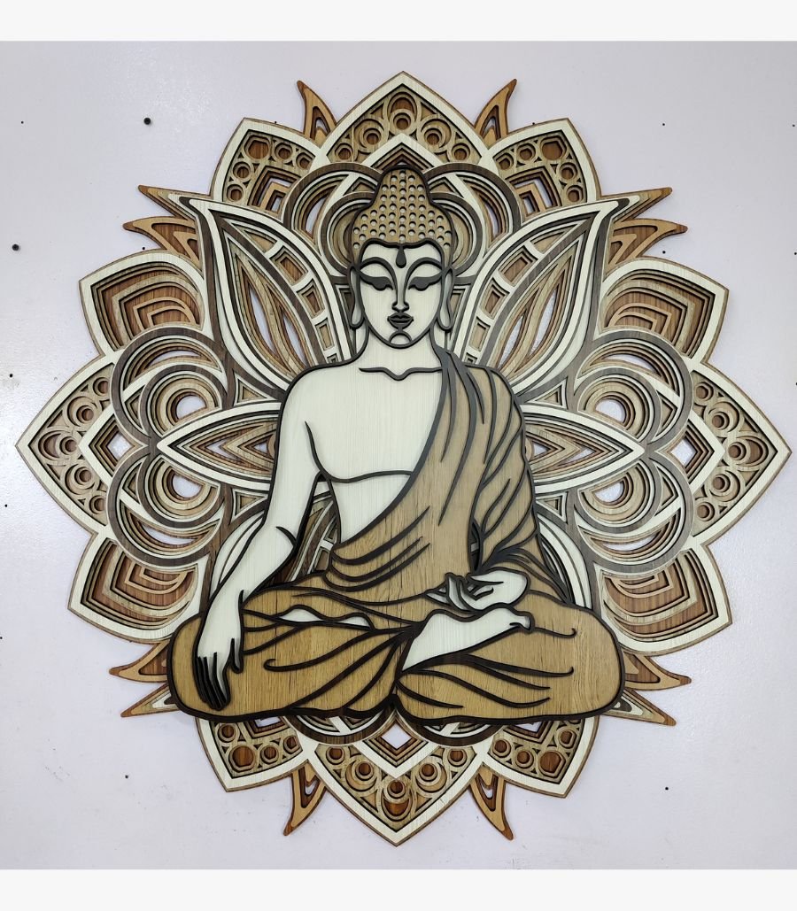 12 Handcrafted 3D layered wooden Buddha wall art titled Transcendent Buddha featuring an intricate multi-tiered laser-cut mandala background and a serene meditating Gautama Buddha silhouette in natural timber tones.