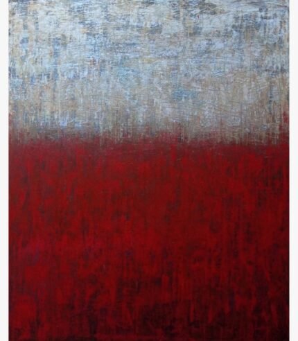 Original abstract red painting Scarlet Horizon by Virendra Kumar, featuring a distressed scratch-textured cream top half colliding with a vivid, layered scarlet red base on canvas.