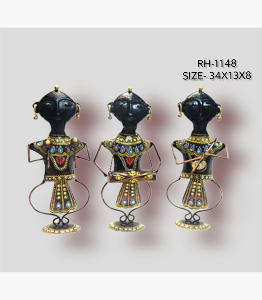 13 Handcrafted three-piece Rajasthani tribal women musicians iron sculpture set featuring hand-painted traditional female figures with looped wire legs on round base plinths.