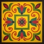 Handcrafted square 3D layered wooden wall tile titled Golden Mandala Blossom featuring a symmetrical floral emblem with orange scrollwork, green lotus motifs, and a bright yellow backdrop.