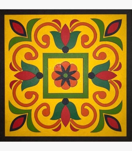 Handcrafted square 3D layered wooden wall tile titled Golden Mandala Blossom featuring a symmetrical floral emblem with orange scrollwork, green lotus motifs, and a bright yellow backdrop.
