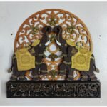 Handcrafted 3D layered wooden elephant wall sculpture titled Royal Gaja Resonance featuring two caparisoned royal elephants with raised trunks on an intricate geometric filigree backdrop frame.