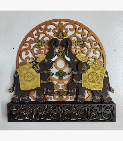 Handcrafted 3D layered wooden elephant wall sculpture titled Royal Gaja Resonance featuring two caparisoned royal elephants with raised trunks on an intricate geometric filigree backdrop frame.