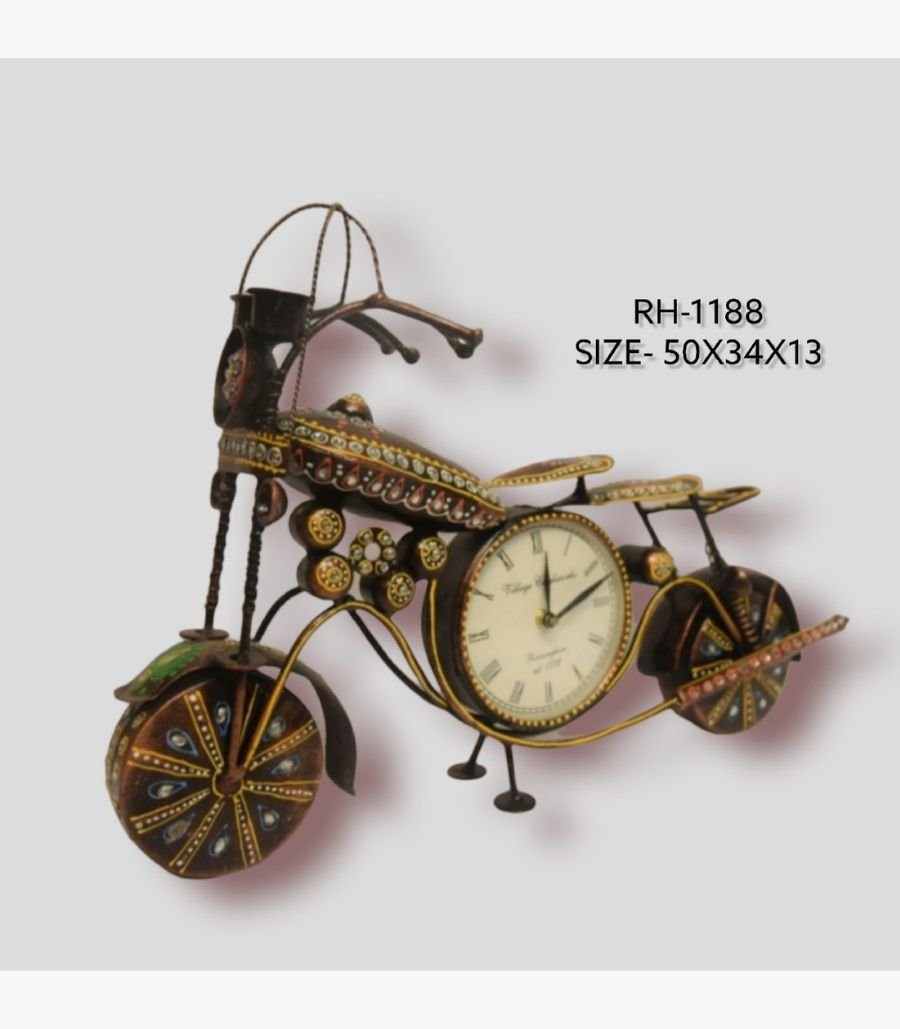 13 Handcrafted medium wrought iron classic cruiser motorcycle sculpture desk clock titled Highway Monarch by Crafts Heritage featuring a textured bronze frame adorned with traditional hand-painted lacquer details and an integrated analog clock dial.