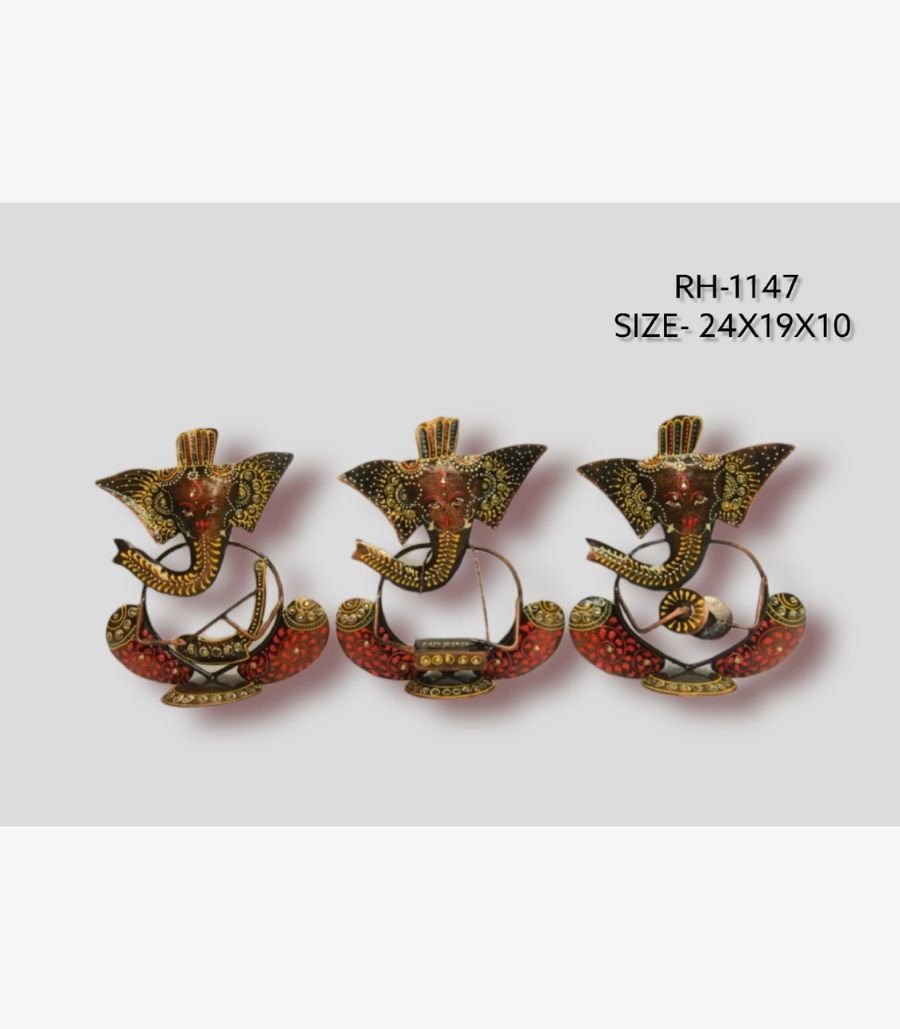 14 Handcrafted three-piece musical Ganesha sitting iron statue set featuring hand-painted traditional motifs and integrated wire instruments on semi-oval rocker bases.