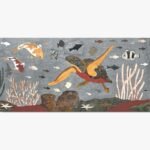 Handcrafted horizontal wood inlay marquetry wall art titled Oceanic Odyssey featuring a swimming sea turtle, koi fish, clownfish, and sea anemone corals made from premium natural timber veneers.