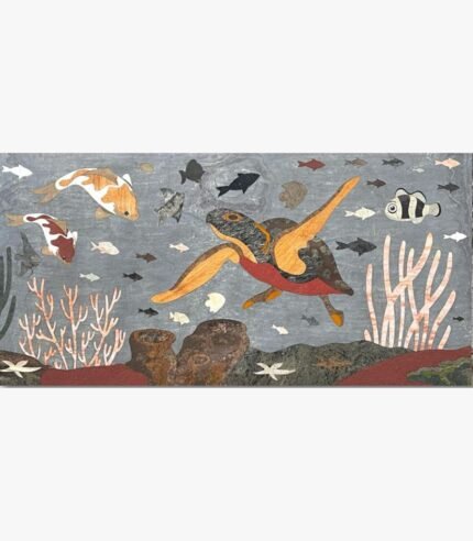Handcrafted horizontal wood inlay marquetry wall art titled Oceanic Odyssey featuring a swimming sea turtle, koi fish, clownfish, and sea anemone corals made from premium natural timber veneers.