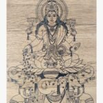 Handcrafted traditional Gaja Lakshmi wood inlay panel titled Eternal Lakshmi Bounty featuring Goddess Lakshmi seated on a lotus with elephants showering gold coins on a natural timber grain background.
