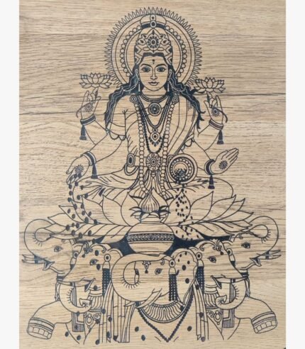 Handcrafted traditional Gaja Lakshmi wood inlay panel titled Eternal Lakshmi Bounty featuring Goddess Lakshmi seated on a lotus with elephants showering gold coins on a natural timber grain background.