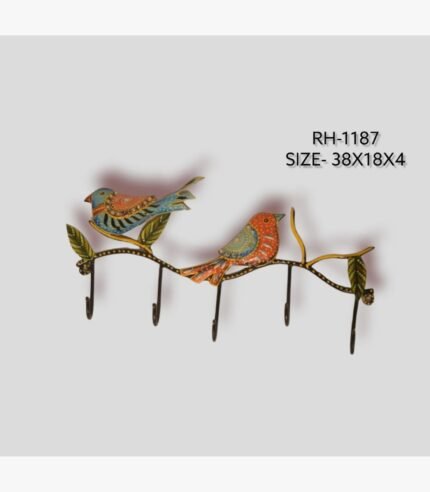 Handcrafted wrought iron decorative wall hanger with 5 hooks titled Avian Serenade by Crafts Heritage featuring two vibrant blue and orange hand-painted songbirds perched on a leafy branch.