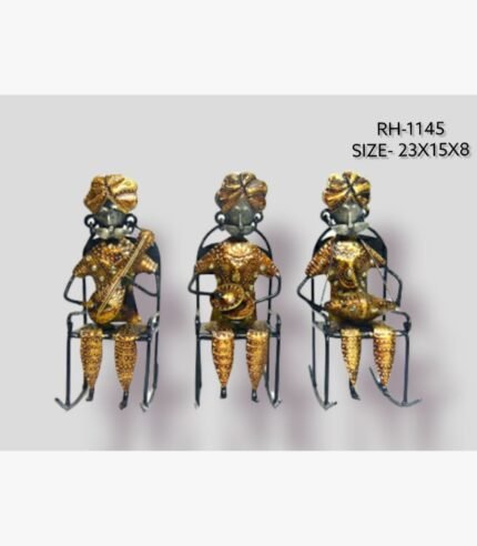 Handcrafted three-piece Rajasthani musicians sitting on rocking chairs iron statue set featuring hand-painted gold attire and traditional folk instruments.