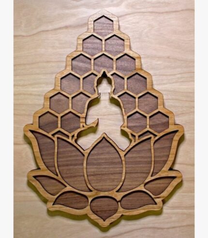 Handcrafted 3D layered wooden wall art titled Honeycomb Buddha Serenity showing a central silhouette cut-out of a meditating Buddha emerging from a lotus blossom base below a geometric honeycomb lattice backdrop.