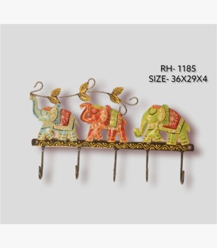 Handcrafted wrought iron decorative wall hanger with 5 hooks titled Imperial Procession by Crafts Heritage featuring three vibrant blue, red, and green hand-painted elephants marching below a golden leafy vine.