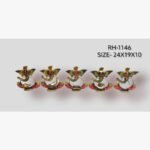 Handcrafted five-piece musical Ganesha sitting iron statue set featuring hand-painted traditional motifs and integrated wire instruments on semi-oval rocker bases.