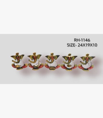 Handcrafted five-piece musical Ganesha sitting iron statue set featuring hand-painted traditional motifs and integrated wire instruments on semi-oval rocker bases.