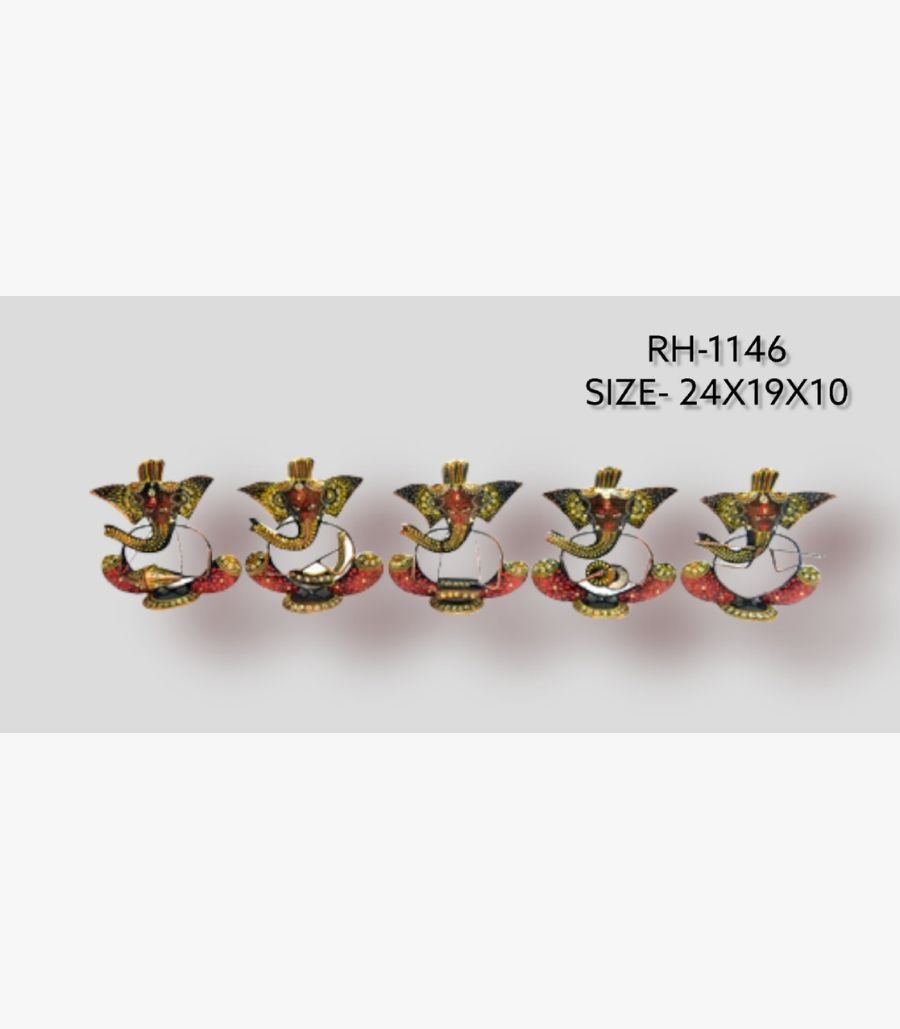 16 Handcrafted five-piece musical Ganesha sitting iron statue set featuring hand-painted traditional motifs and integrated wire instruments on semi-oval rocker bases.
