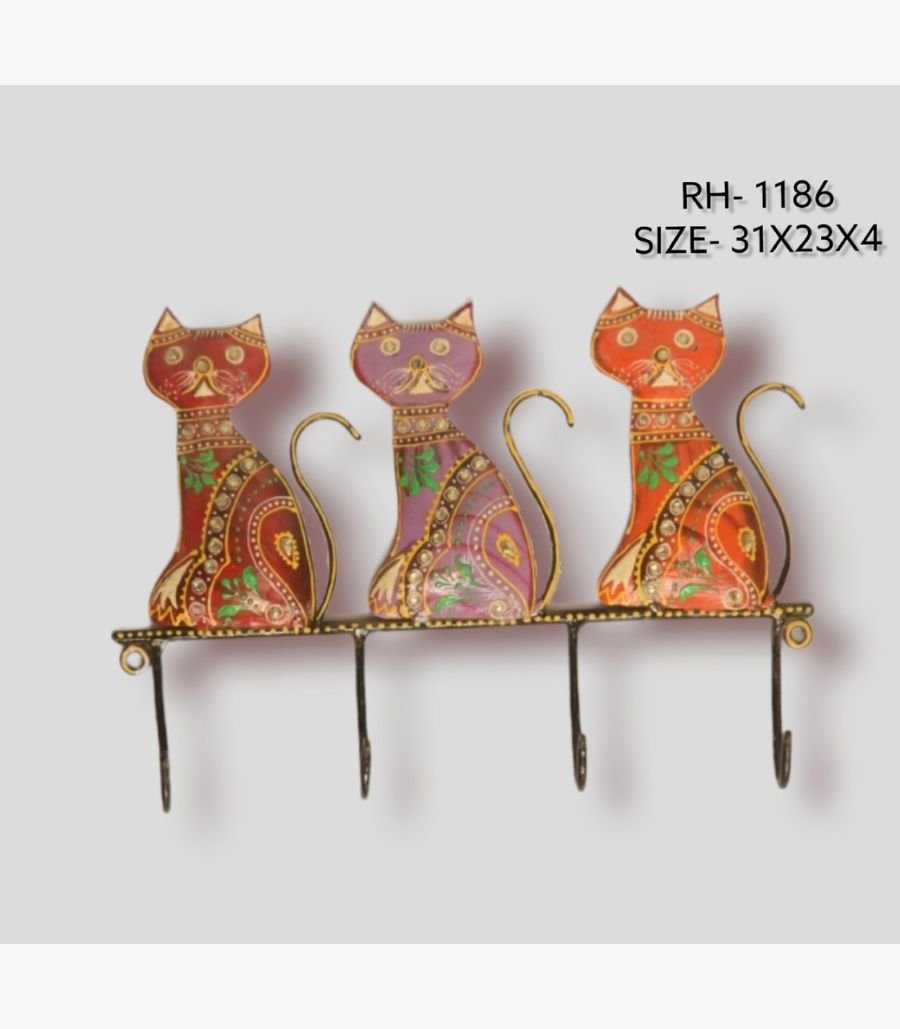 16 Handcrafted wrought iron decorative wall hanger with 4 hooks titled Feline Fable by Crafts Heritage featuring three vibrant red, purple, and orange hand-painted cats sitting in a row with curled wire tails.