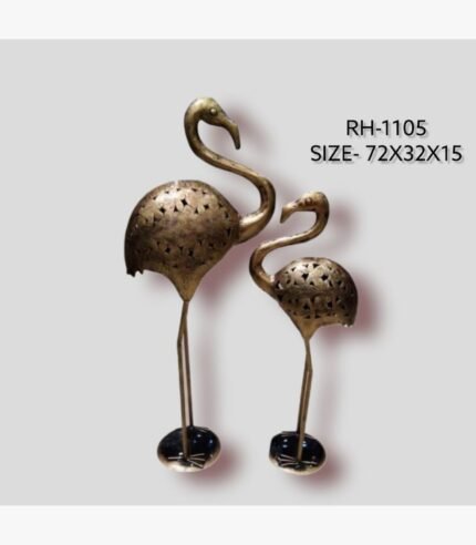 Handcrafted pair of golden flamingo metal sculptures featuring intricate cut-out lattice work on the bodies and slender legs mounted on circular bases.