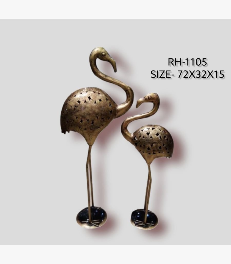 16 Handcrafted pair of golden flamingo metal sculptures featuring intricate cut-out lattice work on the bodies and slender legs mounted on circular bases.