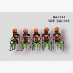 Handcrafted five-piece Rajasthani musicians sitting on rocking chairs iron statue set featuring hand-painted red tunics, orange turbans, and traditional folk instruments.