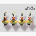 Handcrafted traditional Indian men musicians metal sculpture set featuring four vibrant, hand-painted figures playing folk instruments.
