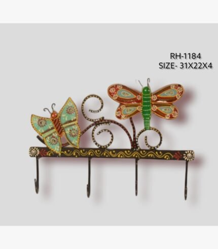 Handcrafted wrought iron decorative wall hanger with 4 hooks titled Fluttering Meadow by Crafts Heritage featuring a vibrant turquoise butterfly and a green dragonfly perched among elegant wire scrolls.