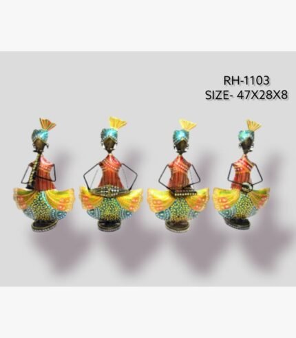 Handcrafted traditional Indian men musicians metal sculpture set featuring four vibrant, hand-painted figures playing folk instruments.