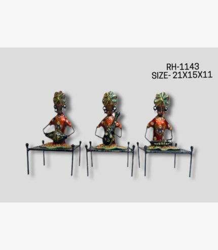 Handcrafted three-piece Rajasthani musicians sitting on traditional cots iron statue set featuring hand-painted red and orange attire playing folk instruments.