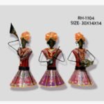Handcrafted Rajasthani folk musicians trio metal sculpture set featuring three vibrant, hand-painted iron figures playing traditional musical instruments.