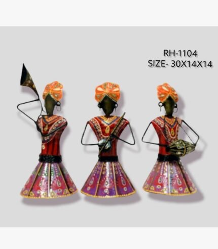 Handcrafted Rajasthani folk musicians trio metal sculpture set featuring three vibrant, hand-painted iron figures playing traditional musical instruments.