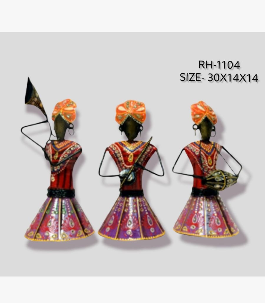 18 Handcrafted Rajasthani folk musicians trio metal sculpture set featuring three vibrant, hand-painted iron figures playing traditional musical instruments.