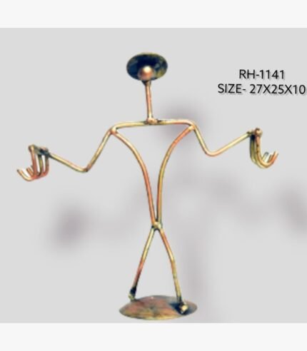 Handcrafted minimalist iron stick figure sculpture featuring an abstract wireframe human form with outstretched arms and curved multiple claw hands.
