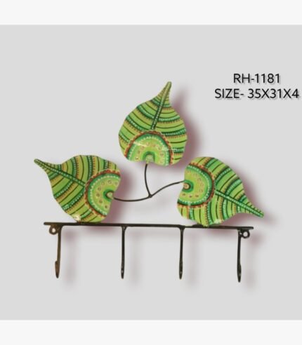 Handcrafted wrought iron decorative wall hanger with 4 hooks titled Verdant Trio by Crafts Heritage featuring three vibrant lime green hand-painted leaves accented with traditional folk lacquer patterns.