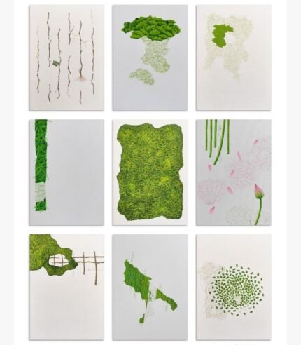 A modern 9-piece minimalist art grid displaying natural landscapes, green moss textures, lotus buds, and abstract foliage in gouache on paper, by Mihir Dabhi.