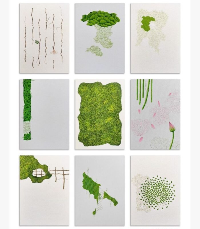 A modern 9-piece minimalist art grid displaying natural landscapes, green moss textures, lotus buds, and abstract foliage in gouache on paper, by Mihir Dabhi.