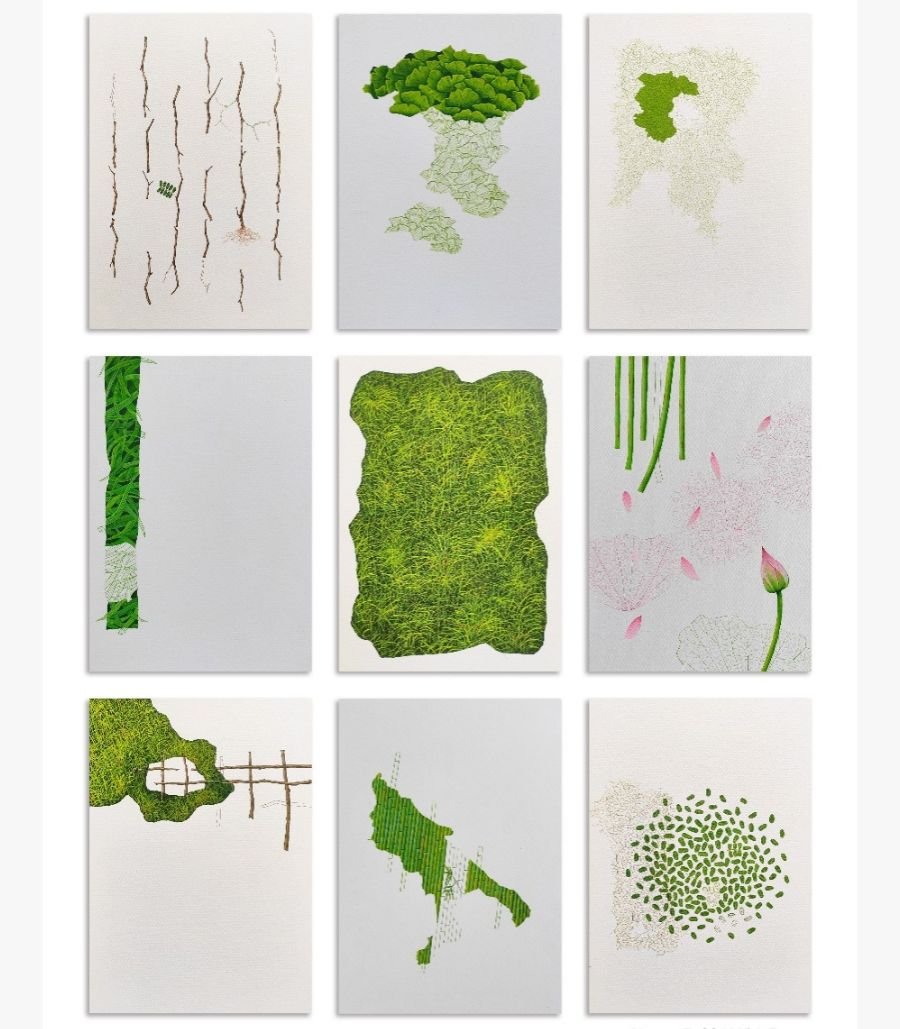 Mihir Dabhi - Echoes of Nature (Set of 9) A modern 9-piece minimalist art grid displaying natural landscapes, green moss textures, lotus buds, and abstract foliage in gouache on paper, by Mihir Dabhi.